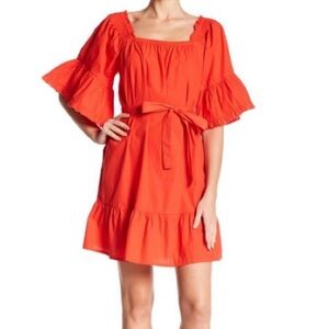 Joie Coral-Orange Square-Neck Ruffle-Sleeve Mini Dress